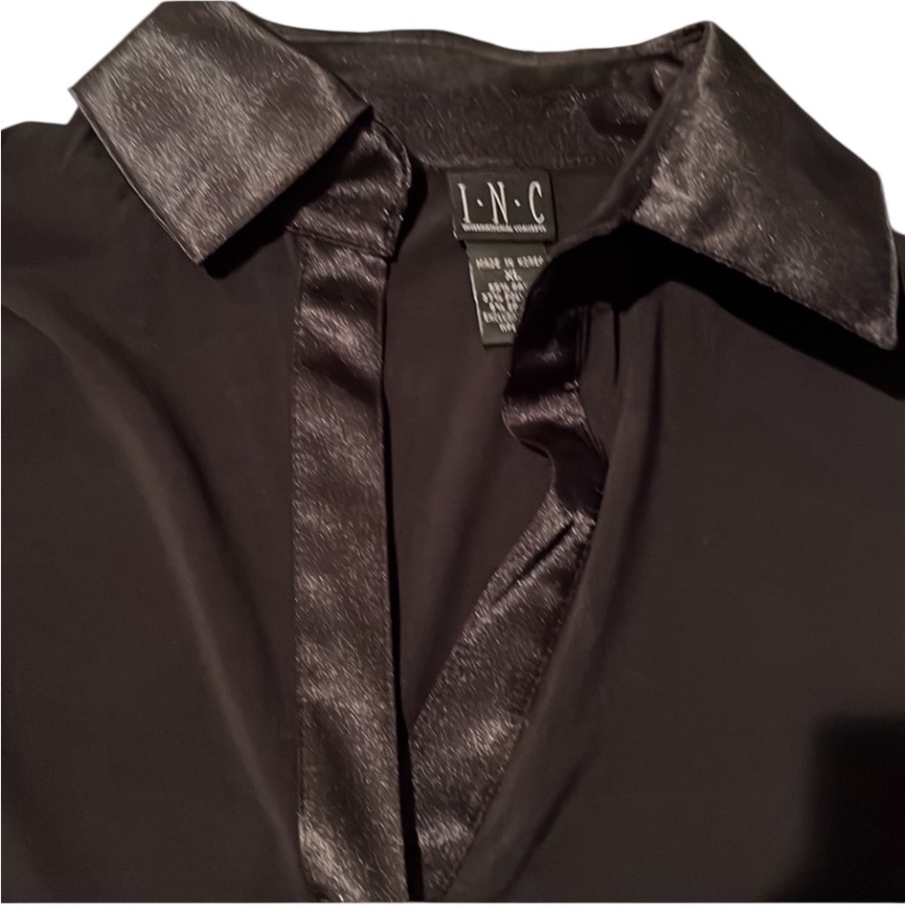 INC International Concepts XL black dressy top v-neck long sleeve satin trim